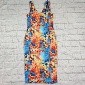 Charlotte Russe womens dress sleeveless midi bodycon blue orange tie dye sz S